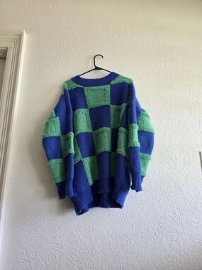 WKND Chaser Men's Blue and Green Checkerboard Crewneck Sweater